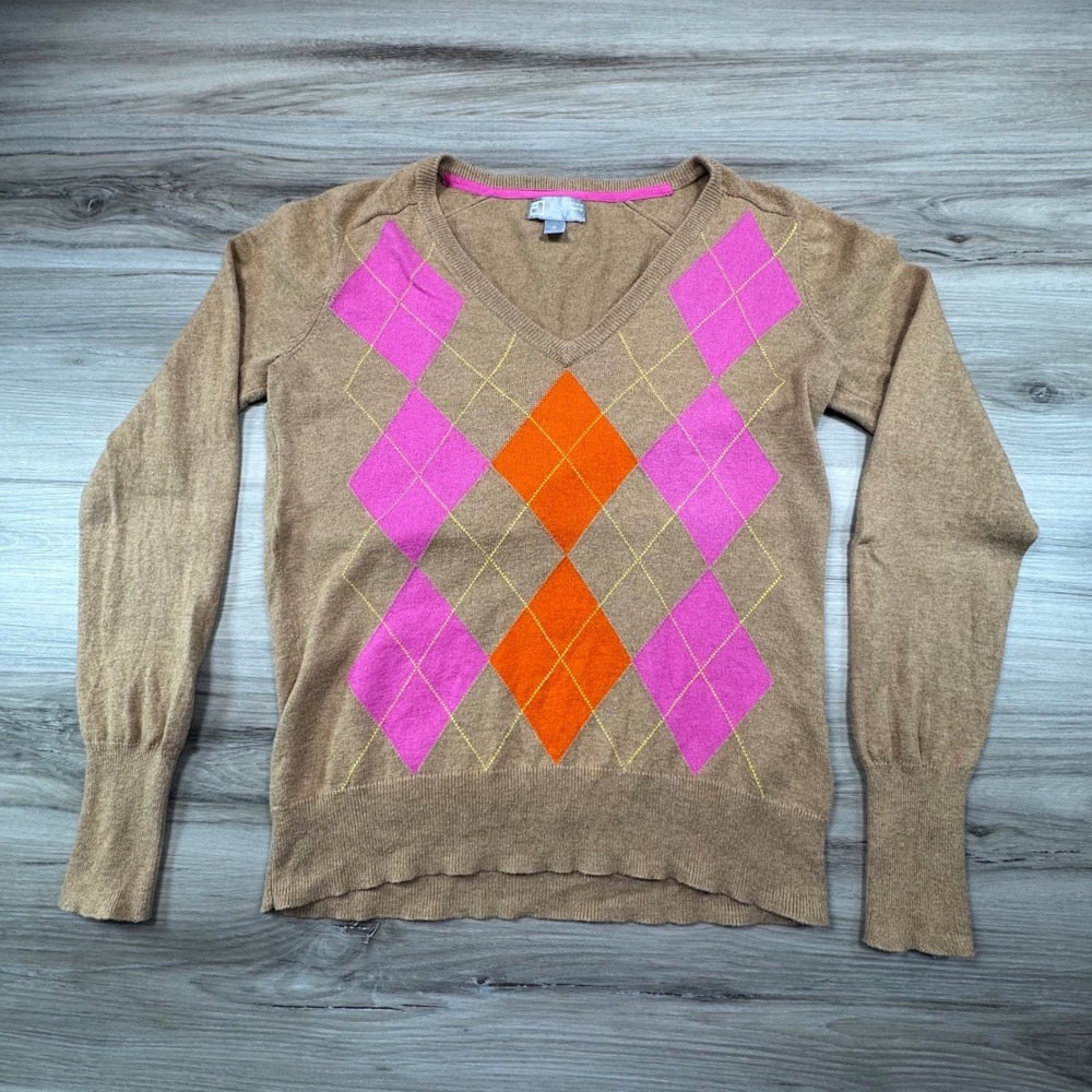 JC Penney Argyle Sweater Womens Size S V-Neck Long Sleeve Cashmere Blend preppy